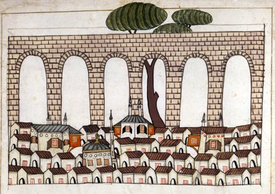 Vue de Constantinople et de son aqueduc. Miniature de « Mémoires turques » (codex Cicogna 1971 « Memorie Turchesche ») Aquarelle de l