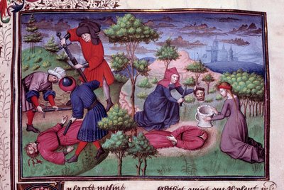 Scène de meurtre de deux hommes dont les meurtriers leur coupent la tête. Page d