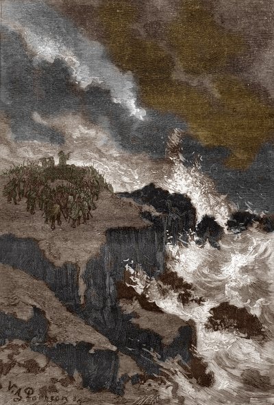 Religion gauloise et druides : assemblée de druides sur une falaise pour commander les esprits et expulser les démons. Gravure tirée de « Les mystères de la science » par Louis Figuier, Collection privée - Victor Armand Poirson