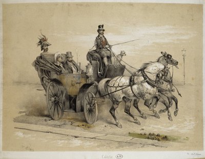 Calèche - Lithographie par Adam, v.1840 - Victor Adam