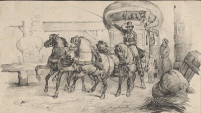 Cinq chevaux tirant une calèche avec des passagers - Victor Adam