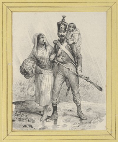 Soldat mit einer Frau am Arm und einem Kind auf dem Rücken - Victor Adam