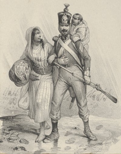 Soldat avec une femme à son bras et un enfant sur son dos, milieu du 19e siècle - Victor Adam