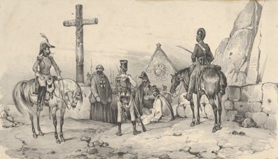 Soldats rassemblés devant une église avec des prêtres et un crucifix, milieu du 19ème siècle - Victor Adam
