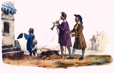 Deux aveugles guidés par des chiens et un enfant mendiant. Dans « Album Grotesque, Choix de Types Remarquables », illustrations de Victor Adam, Paris, vers 1850. - Victor Adam