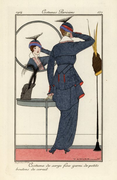 Femme en costume de serge fine avec boutons de corail regardant - Victor Lhuer
