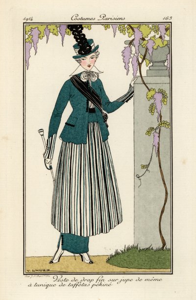 Femme en costume de laine fine avec tunique en taffetas de soie rayée - Victor Lhuer