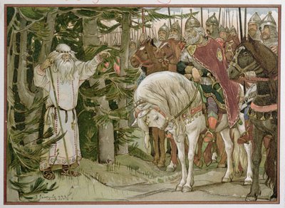 Le prince Oleg (d.c.912) rencontre le devin qui prophétise que son cheval sera la cause de sa mort, illustration de 