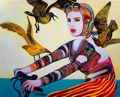 Cycliste et oiseaux aux couleurs vives - Victor Tkachenko