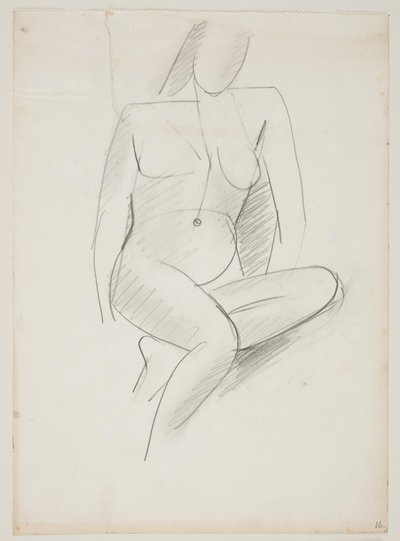 Femme assise, vue de face légèrement vers la droite, une jambe repliée sous l