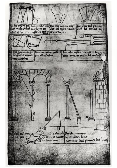 Ms.Fr.19093 fol.20v Figures géométriques pour la construction, arches et homme mesurant la hauteur d