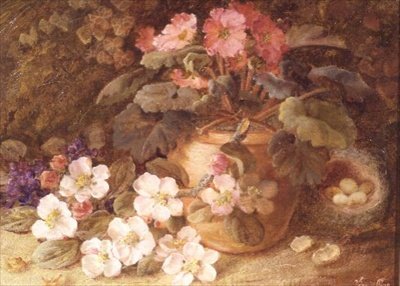 Nature morte avec fleurs de pommier, primevère et nid d