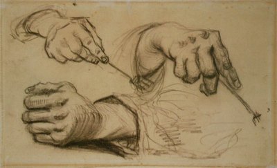 Étude, trois mains, deux tenant des fourchettes - Vincent van Gogh