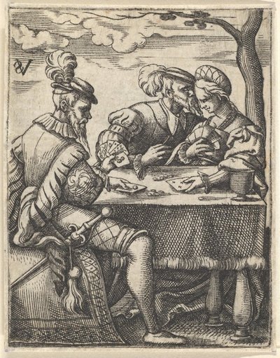 Deux hommes et une femme jouant aux cartes à une table, un homme appuyant son nez vers..., vers 1535-62 - Virgil Solis