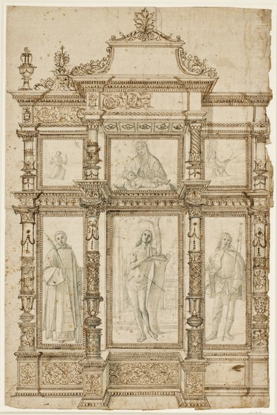 Étude pour un retable avec six images dans une structure ornée de cadres. Haut : La stigmatisation de Saint François, Madone et Enfant, Saint Jérôme dans le désert ; bas : Saints Laurent, Sébastien et Roch - Vittore Carpaccio