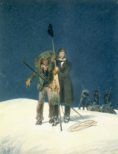 Charles Fellows avec William Hawes, plante un bâton au sommet, inclus comme insert dans Un récit d