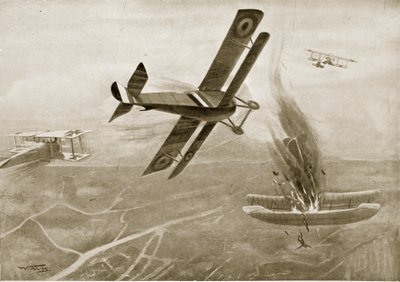 Bataille aérienne du capitaine Hawker avec trois avions allemands, 25 juillet 1915, illustration de 