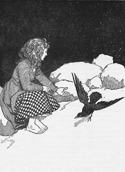 Soudain, un grand corbeau sauta sur la neige devant elle, vers 1930 - William Heath Robinson