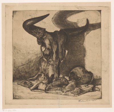 Nature morte avec crâne de bœuf, cruche et chiffon - W. Marchal