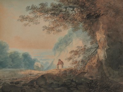 Paysage avec arbre au premier plan à droite, charrette et figures de femme et enfant - W Payne