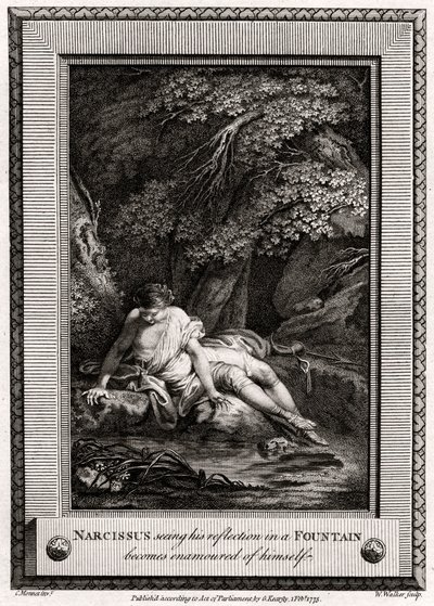 Narcisse voyant son reflet dans une fontaine devient amoureux de lui-même, 1775 - W. Walker