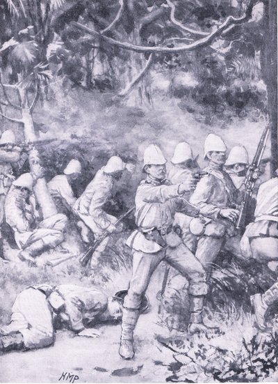 Combattre une route à travers la forêt en direction de Coomassie, illustration de 