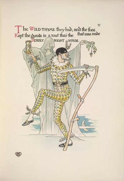 Belladone. Un homme portant un masque, un costume jaune et tenant un sablier et une faux - Walter Crane
