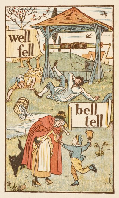 Mots rimant se terminant par la lettre L. Un garçon avec une cloche. Une vieille femme et son chat. Le primer doré. - Walter Crane