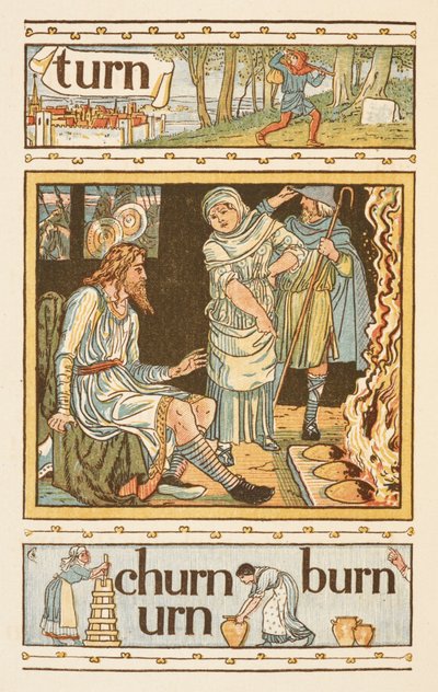 Mots rimant se terminant par la lettre N. Une illustration montrant peut-être le roi Alfred et les gâteaux brûlés. Le Golden primer. - Walter Crane