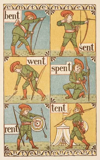 Mots rimant se terminant par la lettre T. Un garçon avec un arc et une flèche. Le Golden primer. - Walter Crane