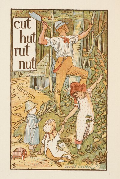 Mots rimant se terminant par la lettre T. Une illustration montrant un homme coupant un arbre. Trois enfants sont avec lui. Le primer doré - Walter Crane