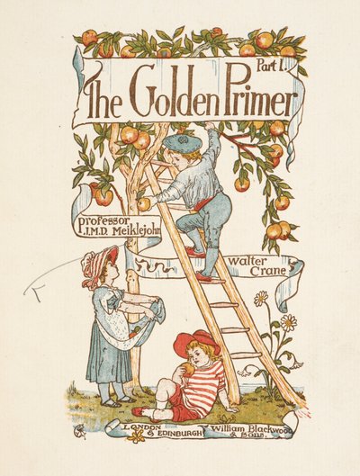 Page de titre du Golden primer. Un enfant est sur une échelle, cueillant des pommes d