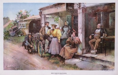 Nouveaux visages dans de vieux endroits : un groupe de cyclistes se rafraîchissant dans une auberge au bord de la route (lithographie en couleur) - Walter Granville Smith
