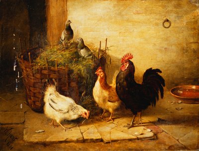 Volaille et pigeons dans un intérieur - Walter Hunt