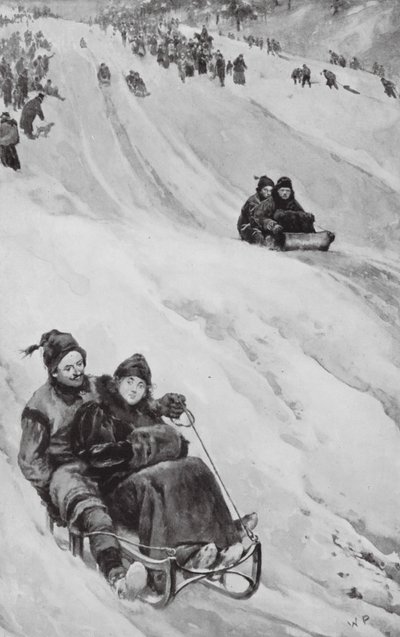 Une piste de luge au Canada (lithographie) - Walter Paget