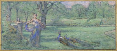 Femme avec des paons dans un jardin - Walter Shirlaw