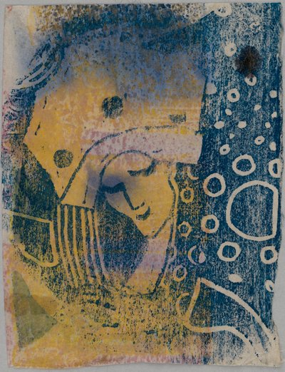 Farbholzschnitt-Probedrucke; Vorderseite: Frauenkopf mit großer Haube, Hintergrund mit Kreismusterung; Rückseite: Hand, stehende Gestalten - Wassily Kandinsky