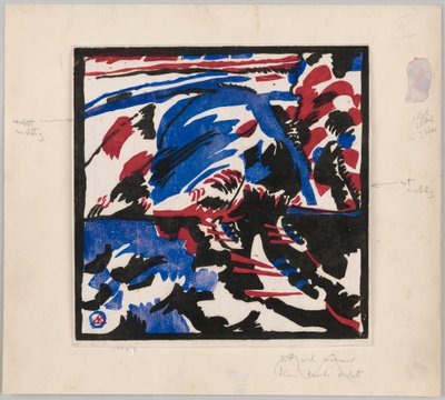 Holzschnitt zu dem Gemälde "Kahnfahrt" (Probedruck mit Anweisungen für Kandinskys Buch "Klänge" (1912), S. 49) - Wassily Kandinsky