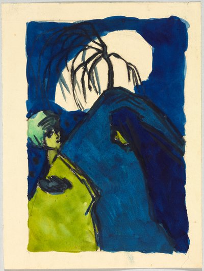 Zwei Gestalten vor Hügel mit Baum und weißer Wolke; Begegnung - Wassily Kandinsky