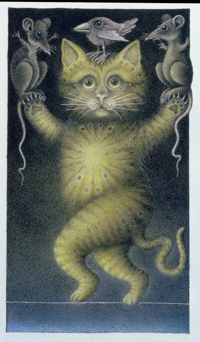Cat on a Tightrope, balancing with Bird and Mice (crayon et crayon de couleur sur papier) - Wayne Anderson