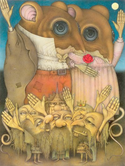 Couple de souris et nains faisant un signe de la main (crayon et crayon de couleur sur papier) - Wayne Anderson