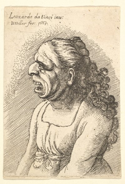 Buste de femme avec la bouche grande ouverte et de longs cheveux bouclés tombant sur ses épaules, 1665 - Wenceslaus Hollar