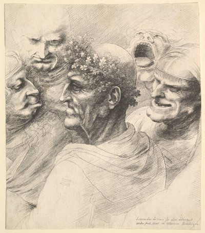 Cinq têtes grotesques, dont un vieil homme avec une couronne de feuilles de chêne - Wenceslaus Hollar