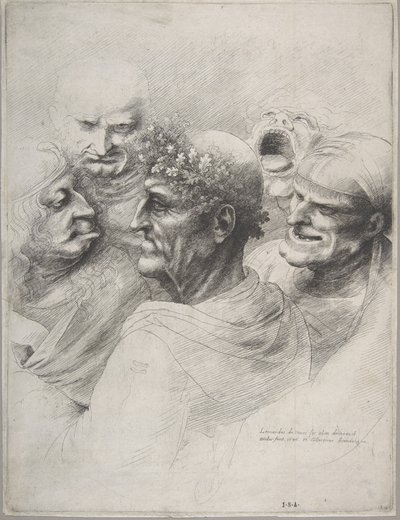 Cinq têtes grotesques, dont un vieil homme avec une couronne de feuilles de chêne - Wenceslaus Hollar