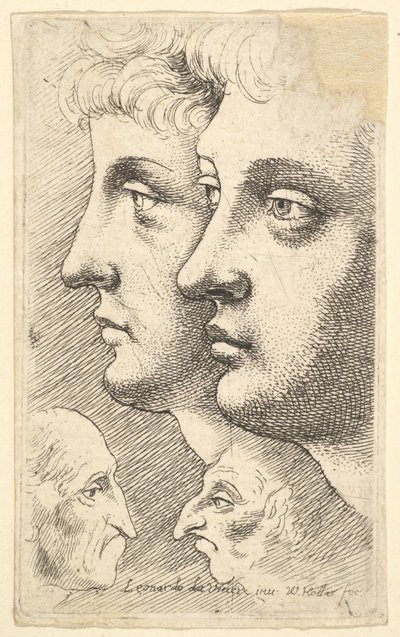Deux jeunes en profil à gauche avec deux têtes grotesques se faisant face en dessous - Wenceslaus Hollar
