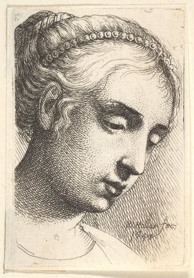 Femme avec une chaîne de perles dans les cheveux regardant vers le bas à droite, 1645 - Wenceslaus Hollar