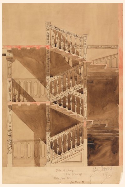 Dessin, escalier de Cluny, Paris, 1887 - Whitney Warren Jr.