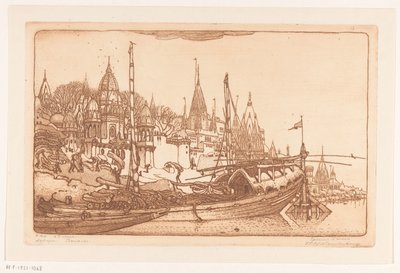 Bateau avec du bois de chauffage sur la rive du Gange à Bénarès - Wijnand Otto Jan Nieuwenkamp (signed by artist)