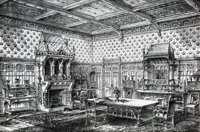 Conception pour une salle à manger gothique, publiée dans The House-Furnisher & Decorator, 1er septembre 1872 - Wilberforce Haddon