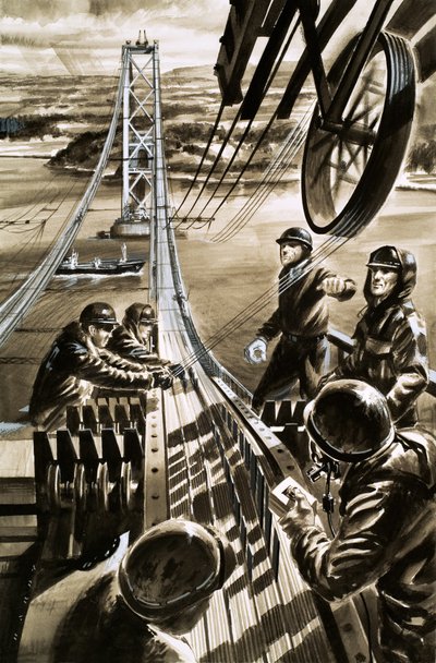Construction du pont sur le Firth of Forth (gouache sur papier) - Wilf (20th century) Hardy